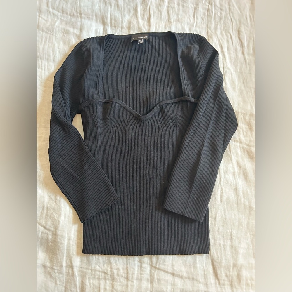 Lucy Paris black, ribbed sweetheart neckline 3/4 sleeve top
